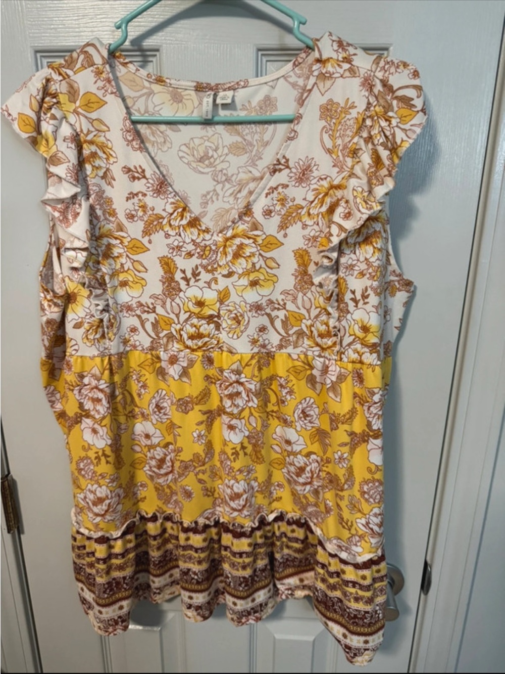 Cato Floral Ruffle V-Neck Tank Top in Yellow and Brown